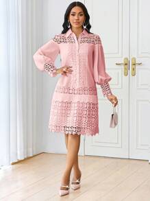 SHEIN Lady Spring And Summer Casual Elegant Work  Contrast Lace Shirt Dress Tunic Dress Midi Women Dresses - Dusty Pink - View 6