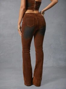 Denimoi Seksowne aksamitne spodnie jeansowe z rozszerzanymi nogawkami i efektem V - Brązowy - Zobacz 4