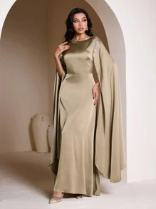 Veilorie Đầm Ả Rập thanh lịch cổ tròn tay áo màu trơn cho nữ khiêm tốn - Màu Khaki - Xem 2