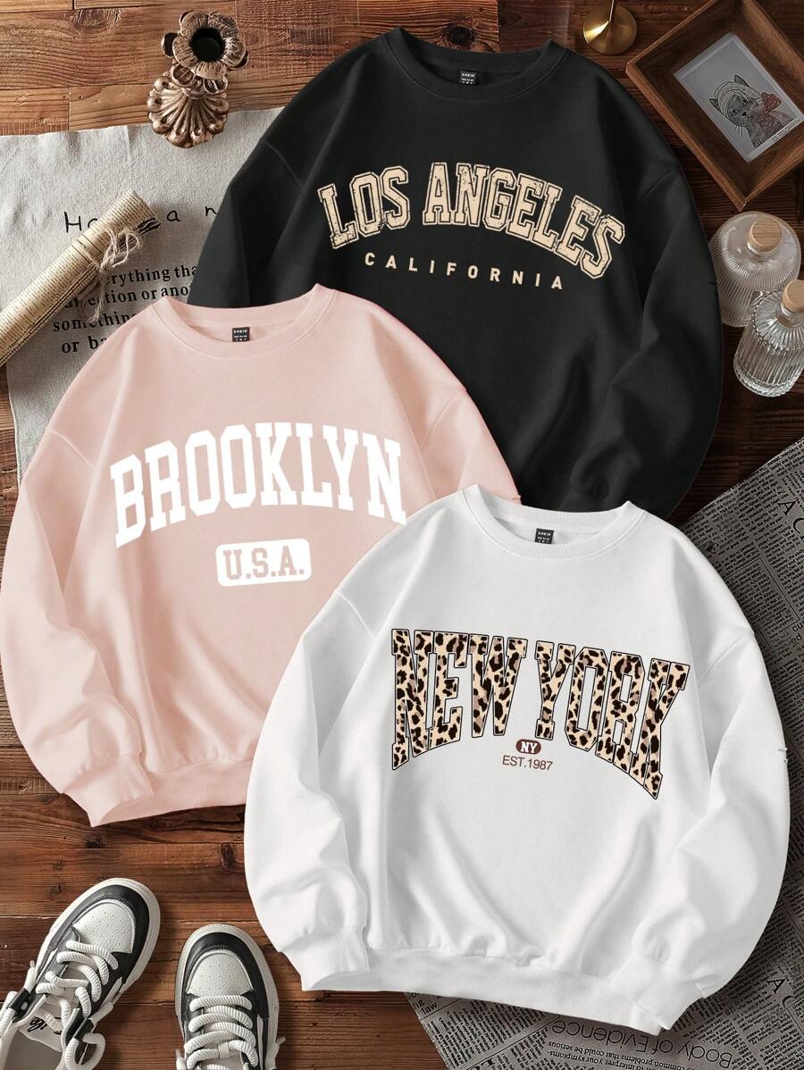 SHEIN Leap Crew 3pcs Tween Girls Retro Letter Print Tween Girls Casual Loose Fit Thermal Lined Crew Neck Sweatshirt, Suitable For Autumn/Winter - Multicolor - View 1