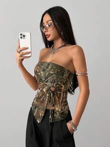 Coolane Women's Spring/Summer Beach Outfits  Coquette Cargo Grunge Going Out Tree Branch Pattern Forest Camo Asymmetrical Hem Off Shoulder Tops,Country Festival  Outfits