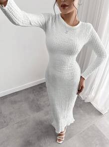RueChic LONG SLEEVE TEXTURED FABRIC LONG DRESS - White - View 7