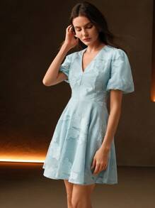 Anewsta Elegant Floral Lace Ruched Waist A-Line Mini Dress, Boho Spring/Summer Outfits - Blue - View 7
