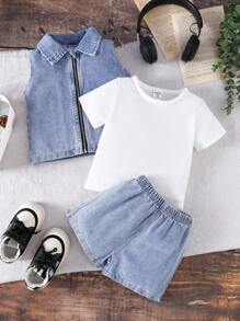 SHEIN 2 Stücke Baby Jungen Sets, Frühling & Herbst Denim 3-teiliger Outfit - Modische Weste mit Kragen, weißes Kurzarm T-Shirt und Shorts. Geeignet für Outdoor-Spiel, lässige Freizeitkleidung, Urlaub, Geburtstagsfeiern und Familienzusammenkünfte. Bequemer, strapazierfähiger Kleinkind und Unisex Sommer Outfit