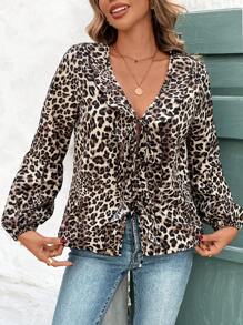 SHEIN Frenchy Áo sơ mi dài tay cổ chữ V xếp nếp họa tiết da báo giản dị, mùa thu đông, áo sơ mi nữ, áo sơ mi vui nhộn có thể mặc trong nhà hoặc ngoài trời vào mùa thu đông - Nhiều màu - Xem 4