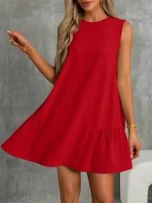 SHEIN Essnce Boho Dress Baby Blue Dress Linen Women's Striped Round Neck Sleeveless Casual Mini Dress - Red - View 3