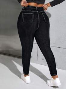 SHEIN Privé Plus Size Front Button Pocket Distressed Simple Jeans, Casual Everyday Wear