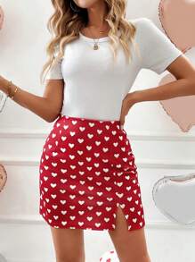 SHEIN LUNE 情人节春季迷你裙，心形印花，开衩下摆，合身优雅约会裙 - 紅白色 - 查看 4