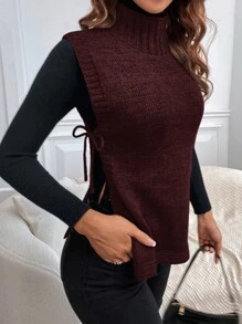 SHEIN LUNE Casual Solid Color Stand Collar Side Split Long Cardigan Vest, Autumn/Winter - Burgundy - View 1