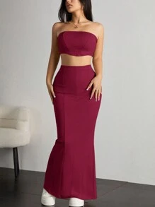 Muchica 夏季女士露肩上衣和美人鱼裙两件套 - 紅色 - 查看 4