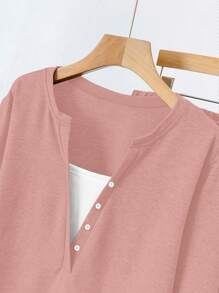 SHEIN LUNE 大码拼色拼接休闲二合一服装，长袖上衣和裤子套装 - 藕粉色 - 查看 7