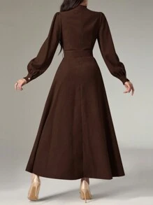 Heiryn Women's Stand Collar Button Design Long Sleeve Elegant Dress - Coffee Brown - View 2