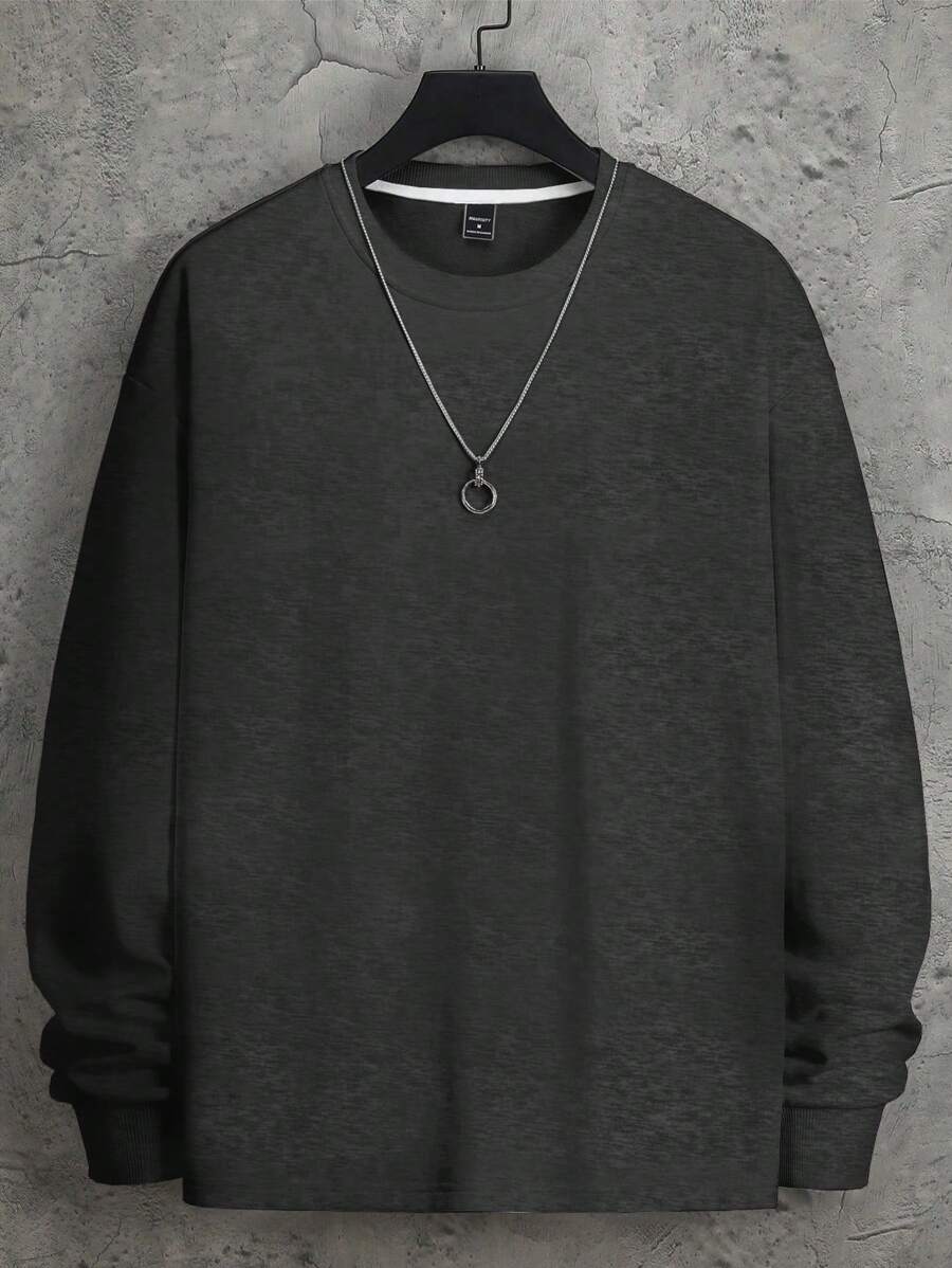 Manfinity Hypemode 男士纯色圆领长袖休闲运动衫 - 深灰色 - 查看 1