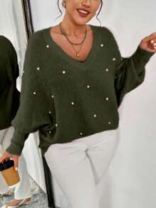 Celure Plus Size Women's Embellished Batwing Sleeve Loose Knitted Pullover Sweater, Casual For Autumn/Winter