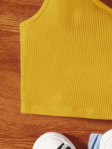 SHEIN Tween Girl Solid Asymmetric Neck Ribbed Casual Tank Top - Yellow - View 3