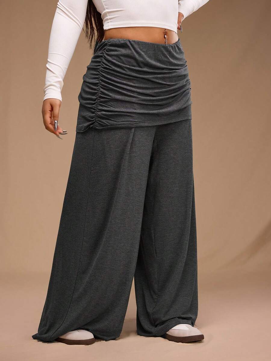 Forever 21 Plus Size Solid Color Pleated Loose Straight Pants, Casual Daily Wear - Dark Grey - View 1