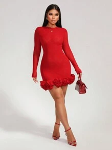 Zolique 女士纯色圆领修身立体花朵透明长袖连衣裙