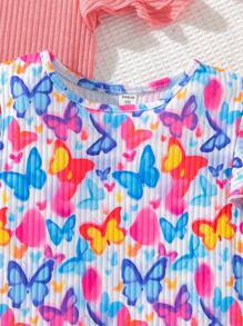 SHEIN 2pcs/Set Girls Casual Butterfly Print Round Neck Double Layer Ruffle Sleeve Knit Dress