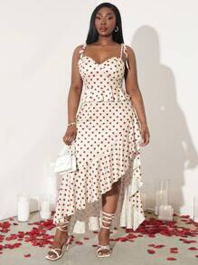 SHEIN SXY Vestido de tirantesajustable con estampado de lunares rojos y blancos, con volantes, en tema de San Valentín, para mujer talla extra, primavera/verano