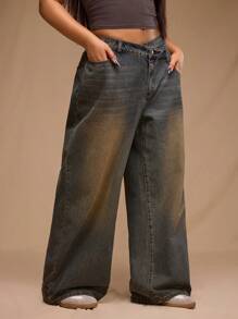 Forever 21 Plus Size Women's Asymmetric Waistband Pocket Wide Leg Loose Casual Jeans