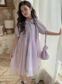 DAZY Tween Girl Summer Short Sleeve Mesh Trim Collared Dress