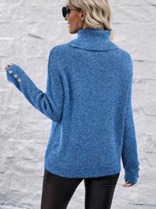 SHEIN Clasi Women's Casual High Neck Long Sleeve Button Up Sweater Pullover Knit Pullover Fall Winter Sweater - Blue - View 2