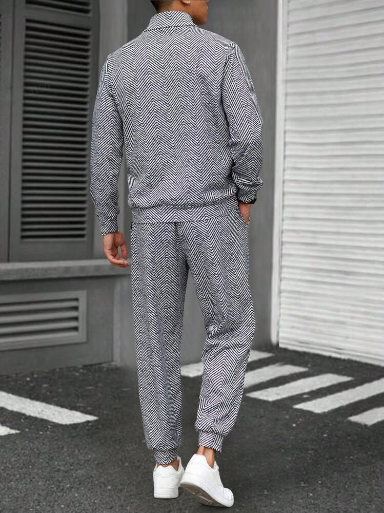 Manfinity Homme 男士前扣长袖简约卫衣和休闲长裤两件套 - 灰色 - 查看 2