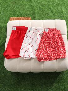 SHEIN 少女 1 送 2 3 件/套，红色纯色&红色小花卉&白色樱桃印花，编织标记，细节松紧腰短裤，居家休闲，春夏 - 紅白色 - 查看 5