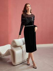 MOTF PREMIUM VELVET SHEER MESH PANEL CROSS WRAP RUCHED FAUX PEARL DETAIL SLIM FIT COCKTAIL DRESS,SPRING/SUMMER - Black - View 5