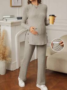 SHEIN 2-delige set zwangere vrouw casual effen kleur split lange mouw top en lange broek voor de herfst