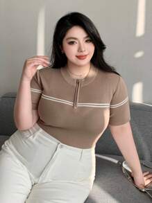 Dazy Plus Áo dệt kim cổ bẻ nửa khóa kéo dáng rộng, cỡ lớn, thích hợp cho mùa xuân, mùa hè, dành cho giáo viên. - Màu Khaki - Xem 7