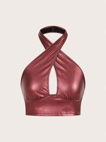 SHEIN ICON 纯色交叉 PU 皮革吊带黑色上衣 - 酒紅色 - 查看 1