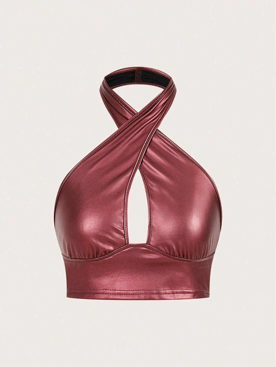 SHEIN ICON 纯色交叉 PU 皮革吊带黑色上衣 - 酒紅色 - 查看 1