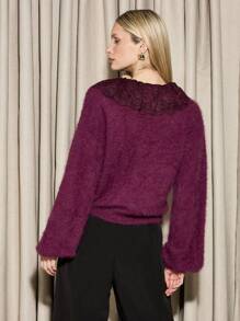 AiiRZ Fluffy Knit Button Front Cardigan With Elegant Lace Collar Balloon Sleeve Cozy Fall Winter Sweater Jumper Holiday Party - Red - View 2