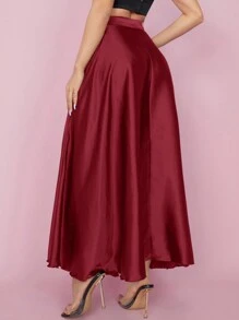 SHEIN PETITE 高腰纯色喇叭形派对女式半身裙 - 酒紅色 - 查看 2