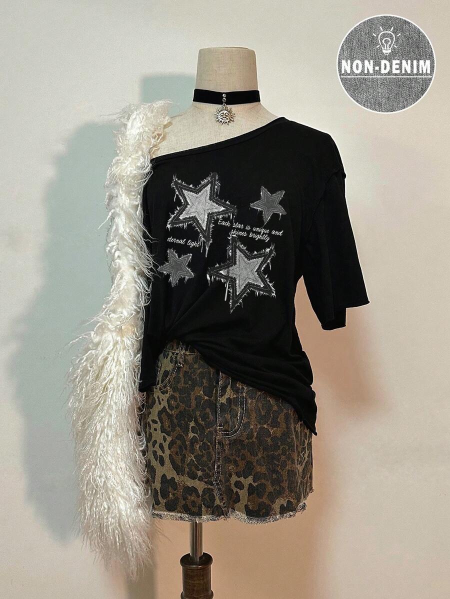 Attitoon Camiseta feminina vintage casual com efeito jeans e estampa de estrela e ombros caídos - Preto - Ver 1