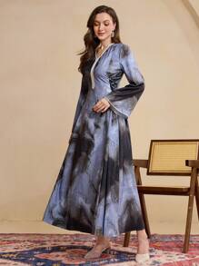 Al Najma Tie-Dye Print V-Neck Long Sleeve Cinched Waist Dress, Flowy Dress,Modest