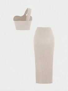 Sweetra Set de 2 piezas con top corto fruncido con cuello asimétrico y lazo, y falda con abertura y cordón en el bajo, en unicolor para mujer - Caqui - Ver 2