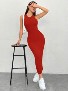SHEIN PETITE 女士休闲纯色无袖修身连衣裙 - 紅色 - 查看 7