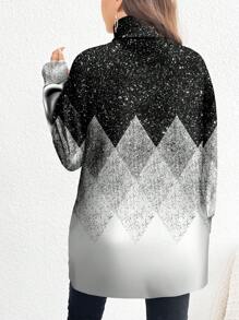 SHEIN LUNE Casual Minimalist Black & White Plaid Gradient Print Fullprint Plus Size High Neck Long T-Shirt, Autumn/Winter, Plus Size - Multicolor - View 2