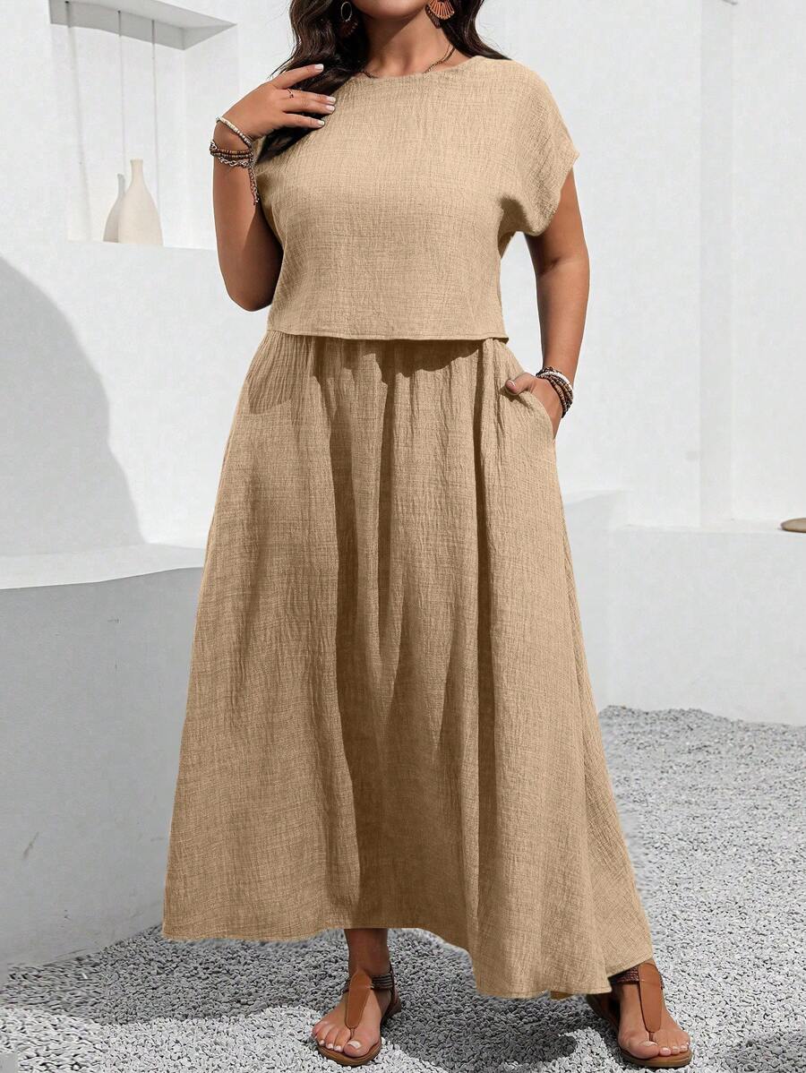 SHEIN LUNE Plus Size Women Bat-Wing Sleeve Top And Skirt Casual 2 Pieces Set