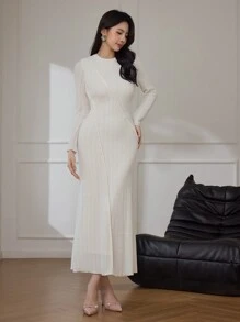 Modelyn Women's Elegant Solid Color Round Neck Long Sleeve Toothpick Striped Design Dress Long Evening Dresses