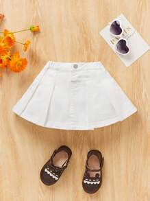SHEIN Baby Girl Solid Color Button Front Pleated Denim Skirt - White - View 1