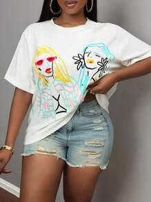 Slaydiva Plus Size Summer 2025 New Style Casual White Short Sleeve All-Match Versatile Abstract Line Pattern Printed T-Shirt