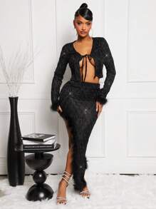 SHEIN SXY 2pcs/Set Sexy Sheer Mesh Feather Decor Black Outfit, Includes Slit Hem Skirt, Autumn/Winter Party - Black - View 5