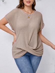 SHEIN Clasi Women Plus Size Summer Solid Color Crew Neck Batwing Sleeve Knot Hem Waffle Casual T-Shirt
