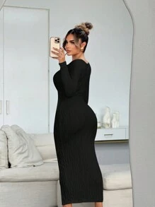 SHEIN SXY Tan Cable Knit Round Neck Long Sleeve Dress, Autumn/Winter - Black - View 2