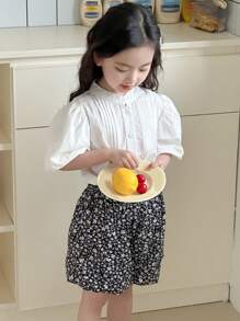 DAZY 2pcs Set Young Girl Plain Front Button Short Sleeve Top And Skirt Floral - Black and White - View 2