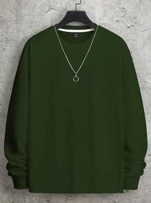 Manfinity Hypemode 男士休闲纯色圆领长袖宽松运动衫，秋冬 - 墨綠色 - 查看 1