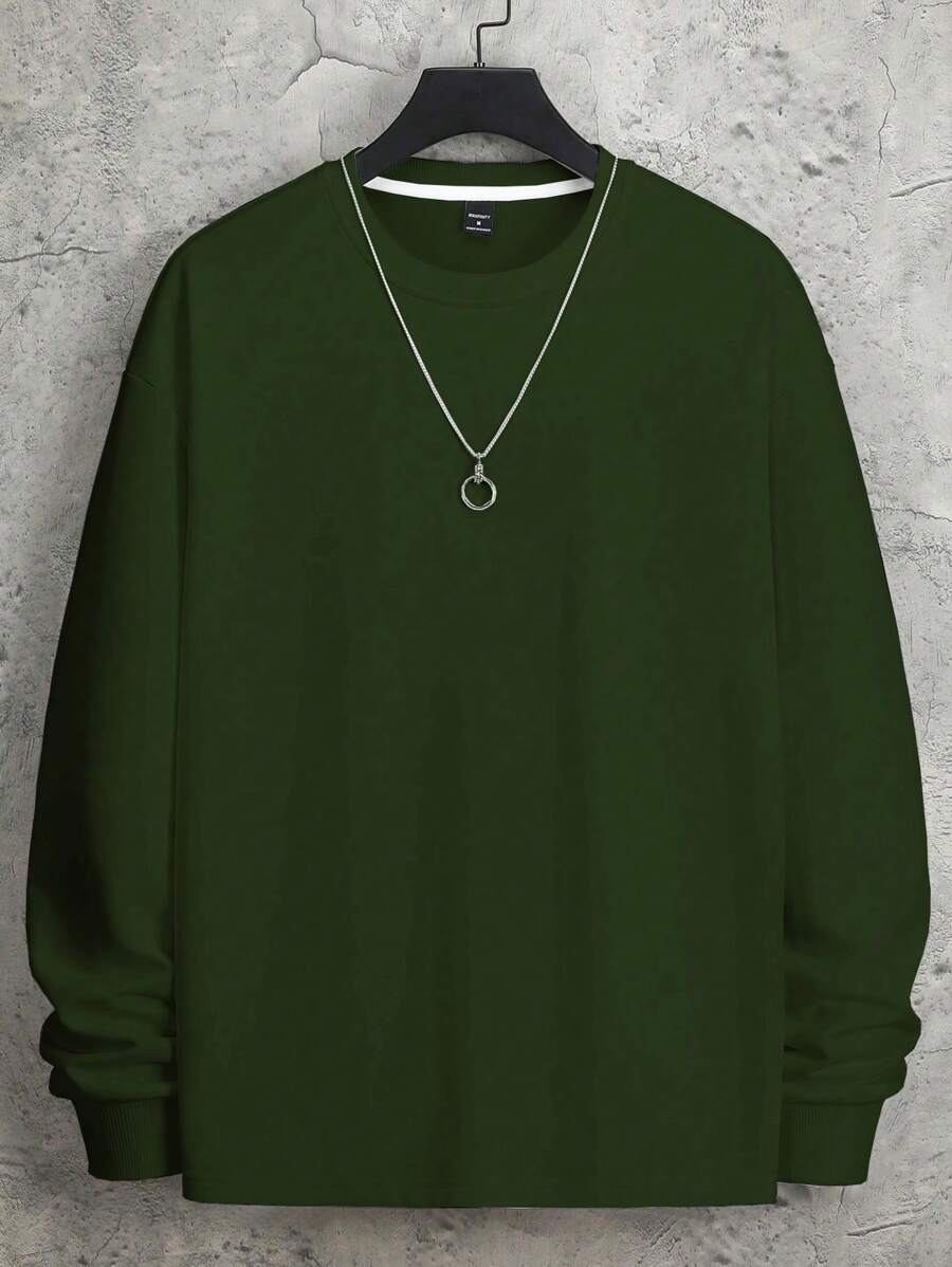 Manfinity Hypemode 男士休闲纯色圆领长袖宽松运动衫，秋冬 - 墨綠色 - 查看 1